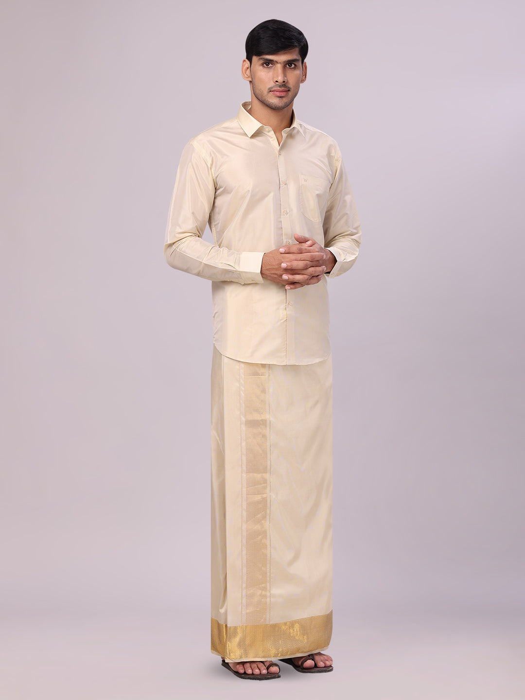 Men's Art Silk Fawn Gold Jacquard Full Sleeves Shirt with 4" Gold Jari Border Dhoti Combo Mangal