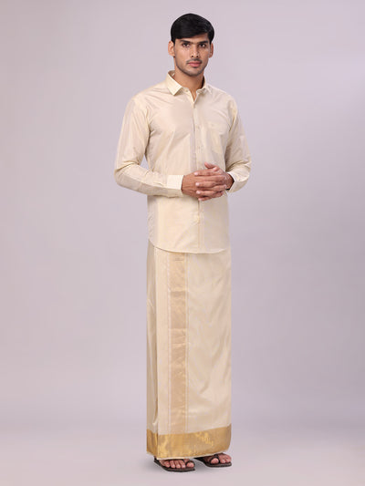 Men's Art Silk Fawn Gold Jacquard Full Sleeves Shirt with 4" Gold Jari Border Dhoti Combo Mangal