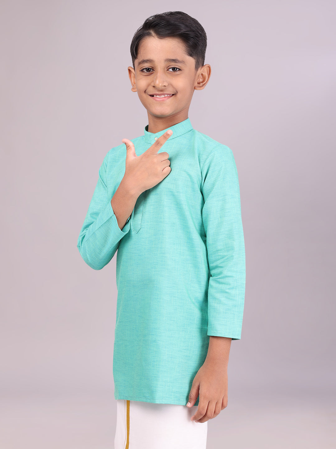 Boys Cotton Mint Blue Full Sleeves Kurta side pose