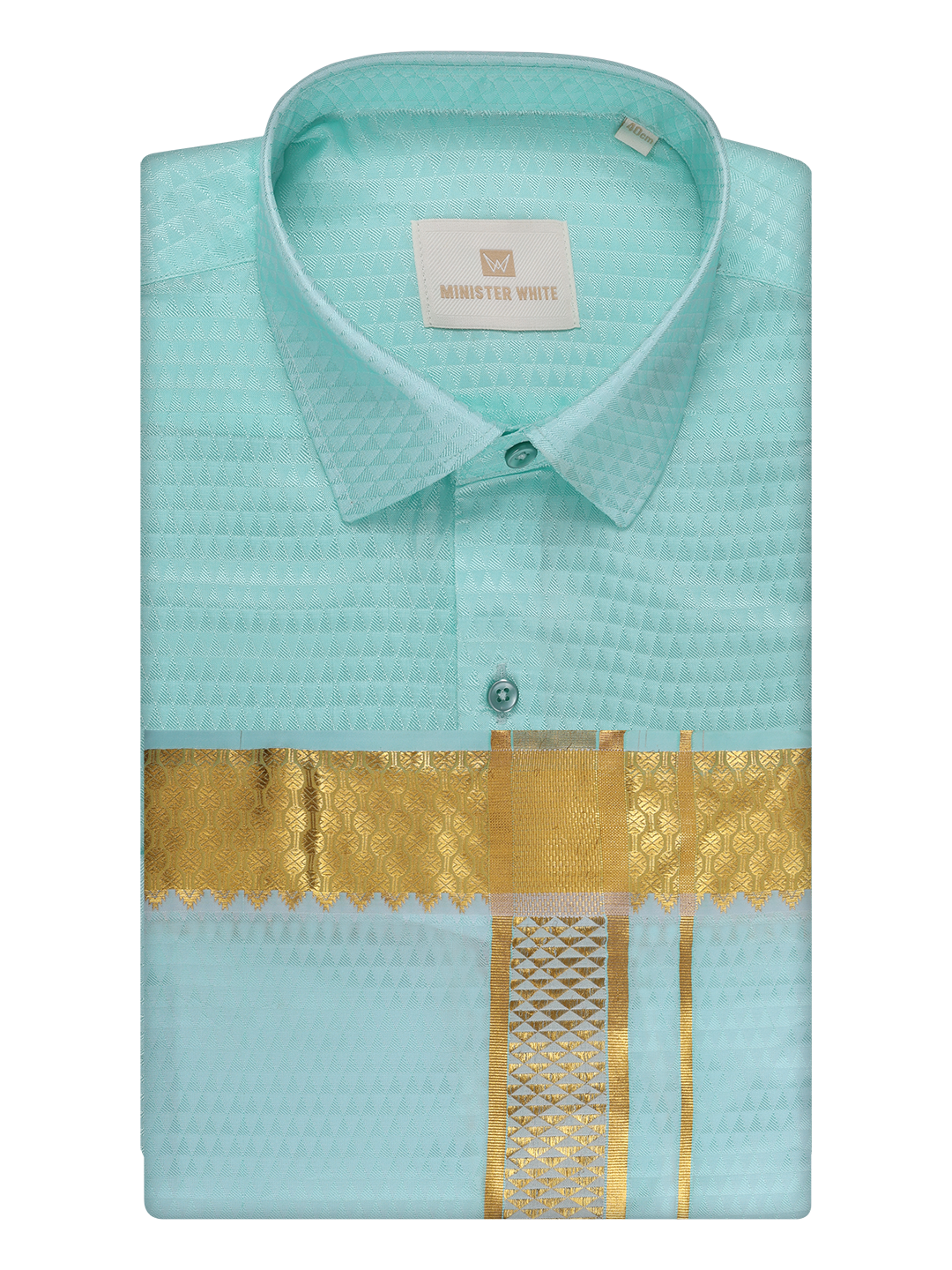 Mens Art Silk Mint Full Sleeves Shirt with 2 1/2" Gold Jari Border Dhoti Combo Neogen by Minister White