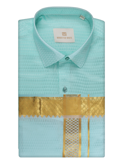 Mens Art Silk Mint Full Sleeves Shirt with 2 1/2" Gold Jari Border Dhoti Combo Neogen by Minister White