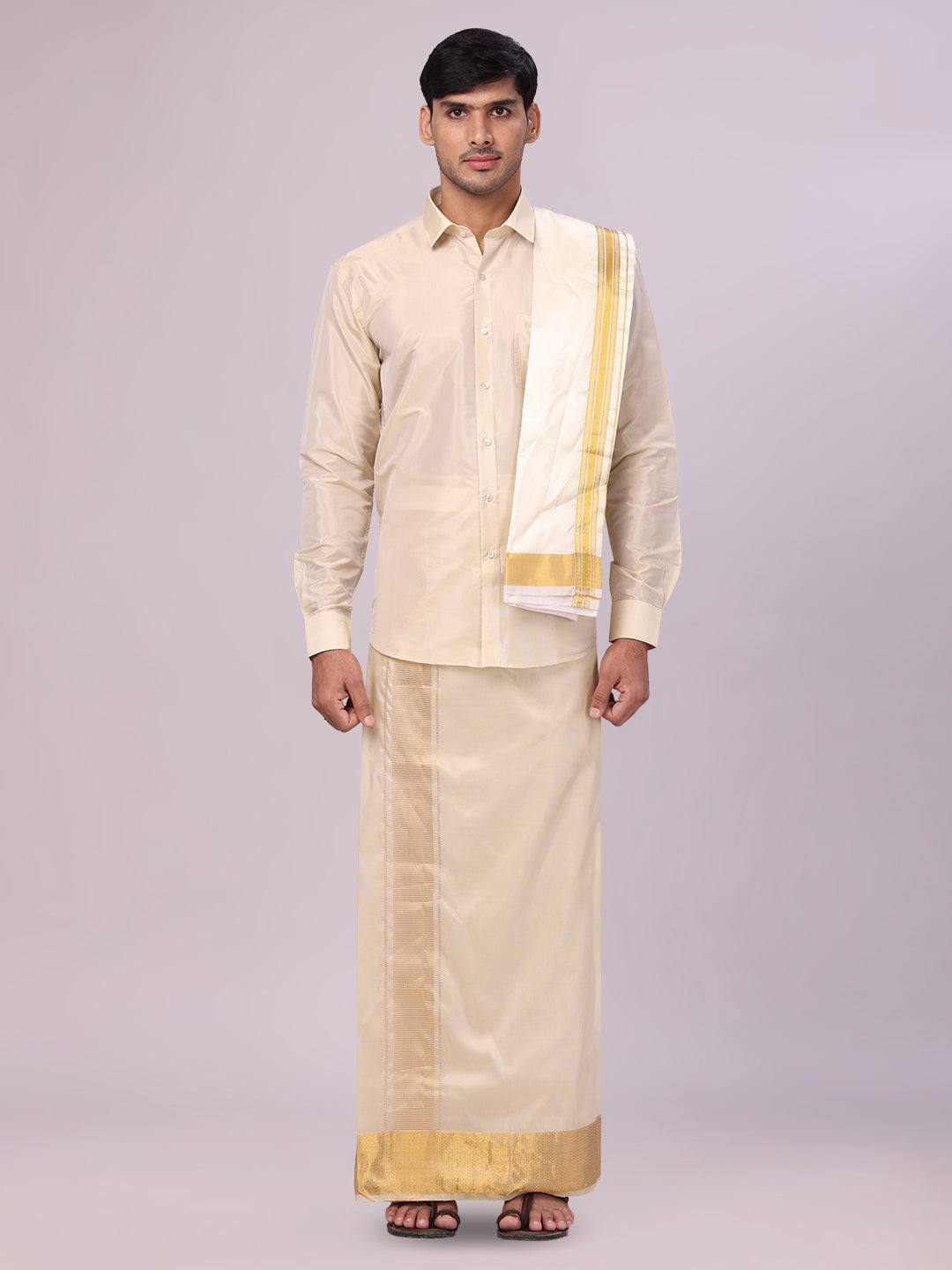 Men's Art Silk Fawn Gold Jacquard Full Sleeves Shirt with 4" Gold Jari Border Dhoti & Towel Combo Mangal