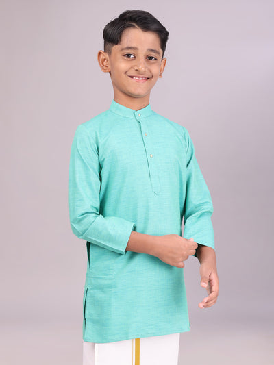 Boys Cotton Mint Blue Full Sleeves Kurta front pose