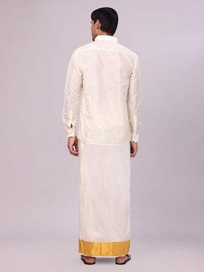 Mens Art Silk Cream Full Sleeves Shirt with 4" Gold Jari Border Dhoti Combo Haldi back pose