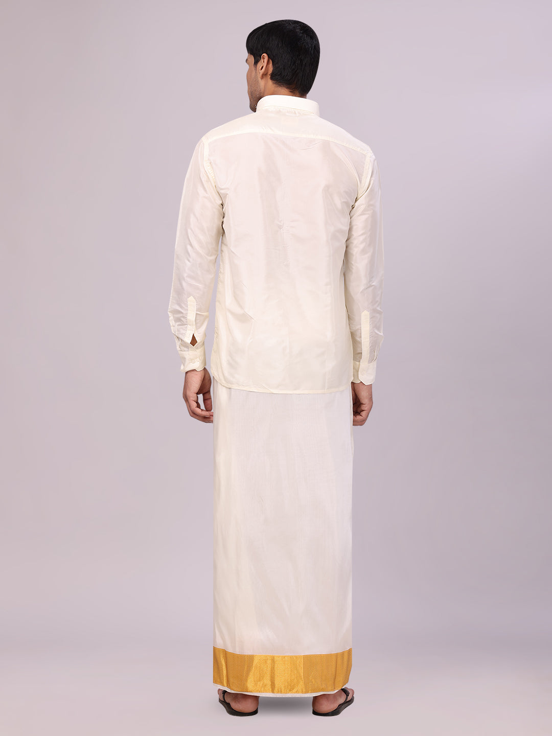Men's Art Silk Cream Jacquard Full Sleeves Shirt with 4" Gold Jari Border Dhoti Combo Mangal