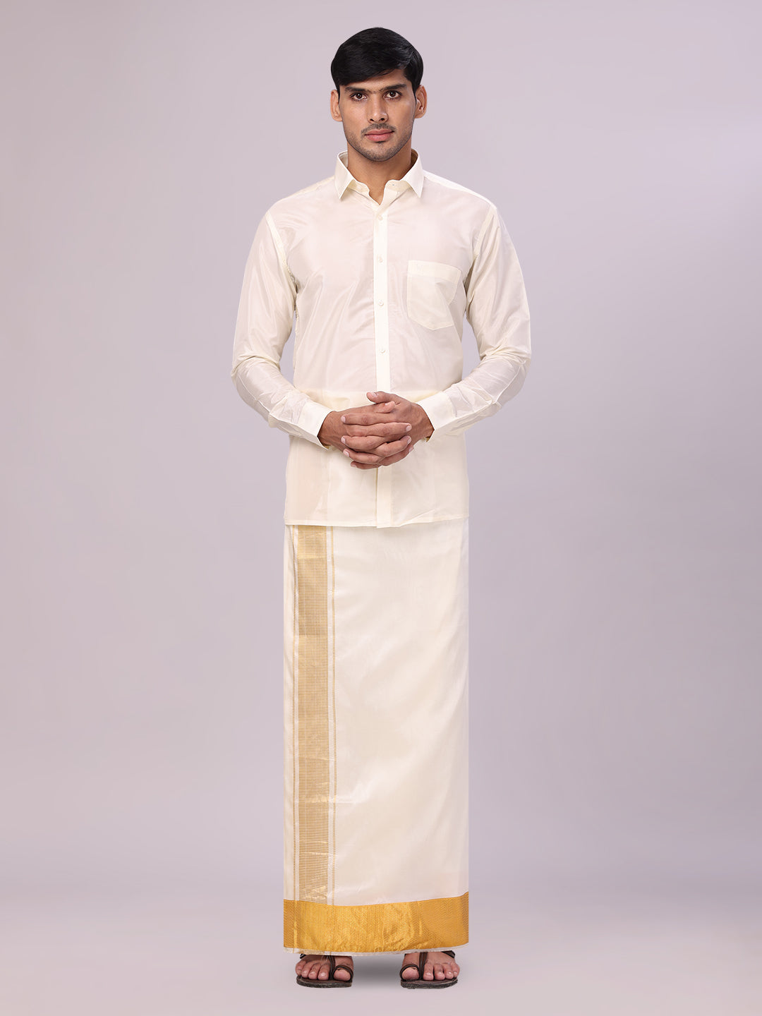 Mens Art Silk Cream Full Sleeves Shirt with 4" Gold Jari Border Dhoti Combo Haldi