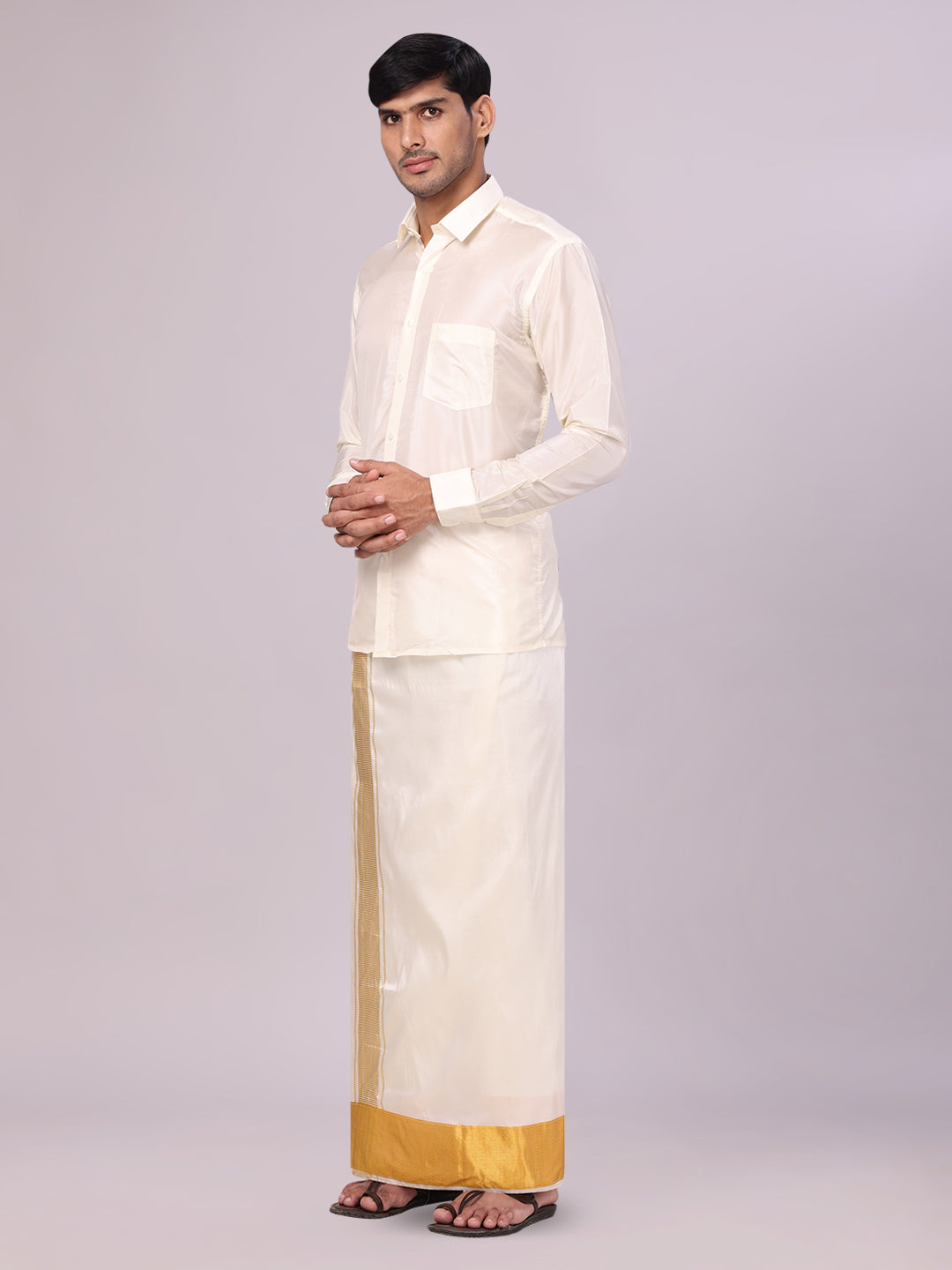 Men's Art Silk Cream Jacquard Full Sleeves Shirt with 4" Gold Jari Border Dhoti Combo Mangal