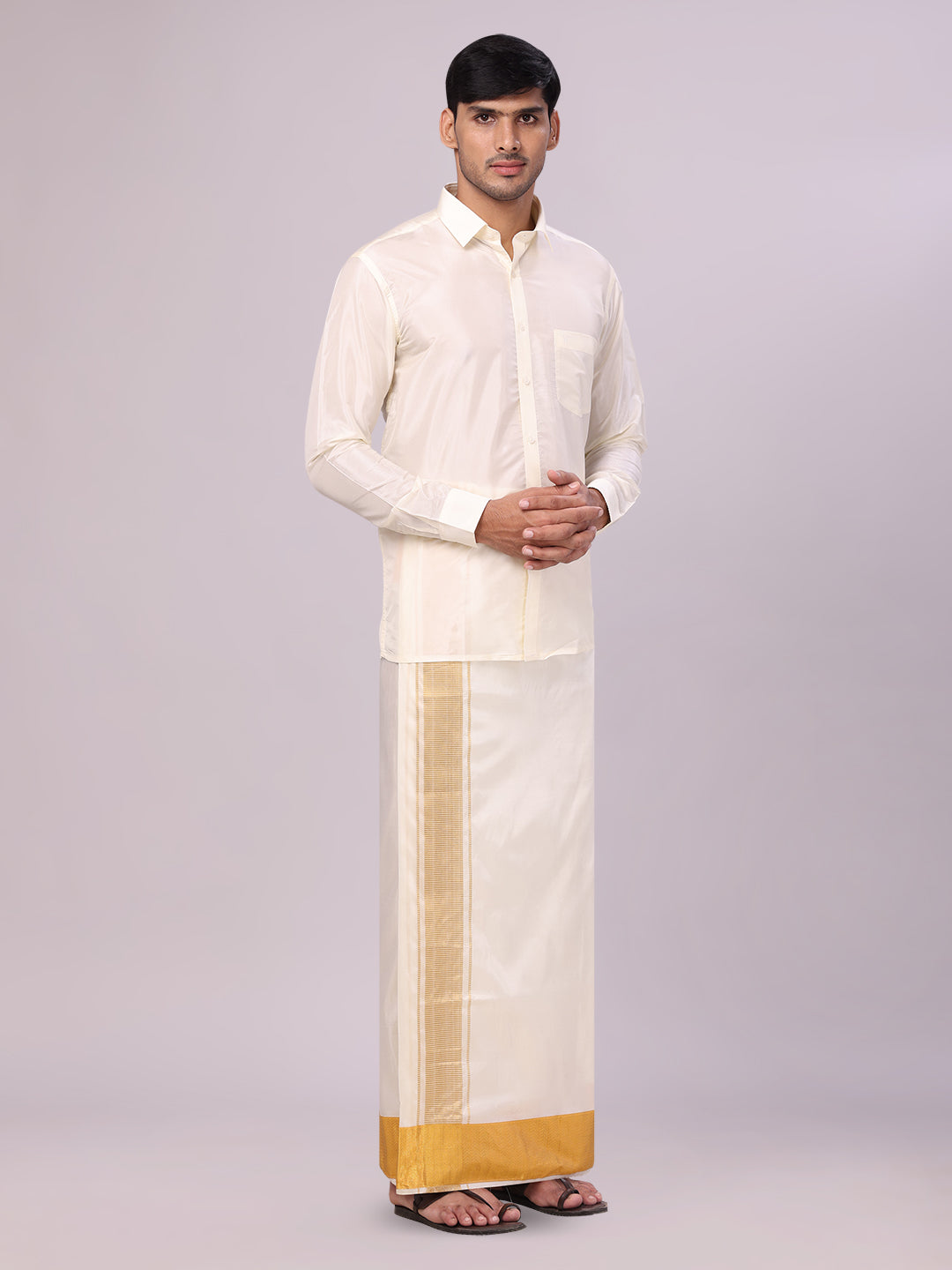 Mens Art Silk Cream Full Sleeves Shirt with 4" Gold Jari Border Dhoti Combo Haldi