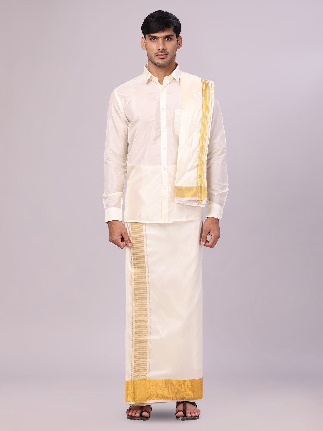 Men's Art Silk Cream Jacquard Full Sleeves Shirt with 4" Gold Jari Border Dhoti & Towel Combo Mangal
