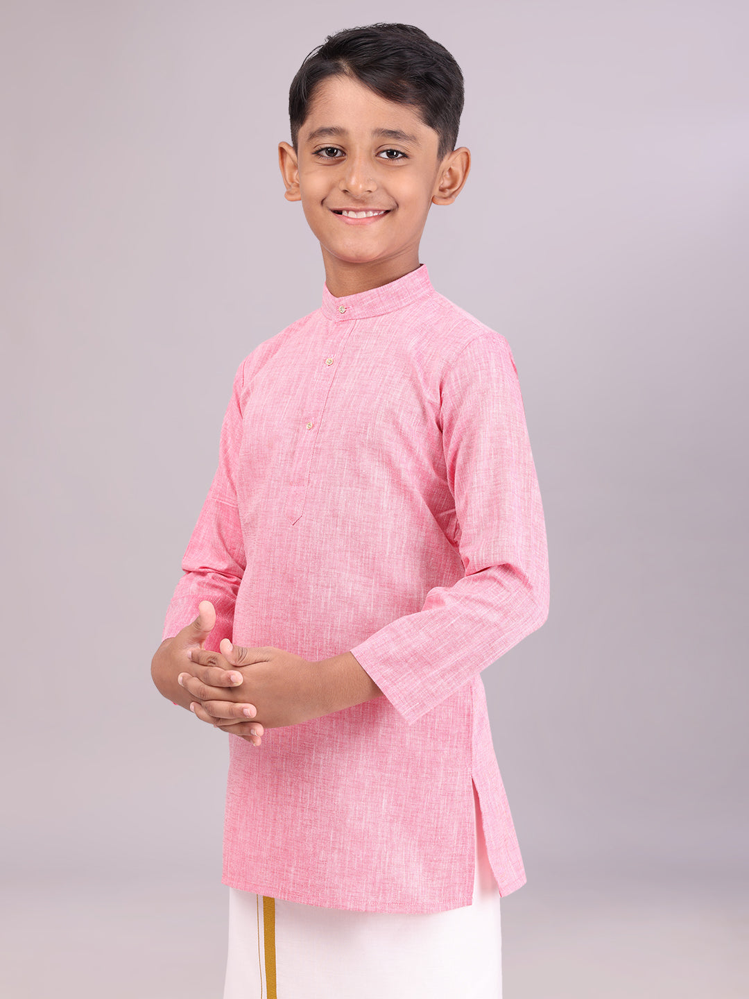 Boys Cotton Pink Full Sleeves Kurta side pose