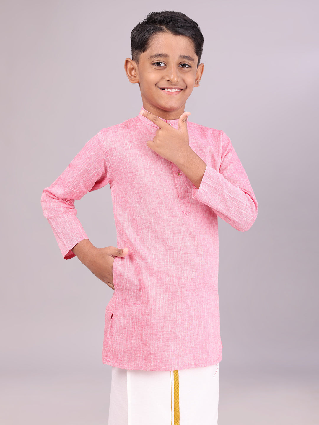 Boys Cotton Pink Full Sleeves Kurta side pose