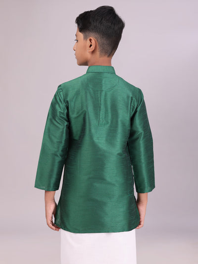 Boys Dupion Satin Green Colour Full Sleeves Kurta back pose