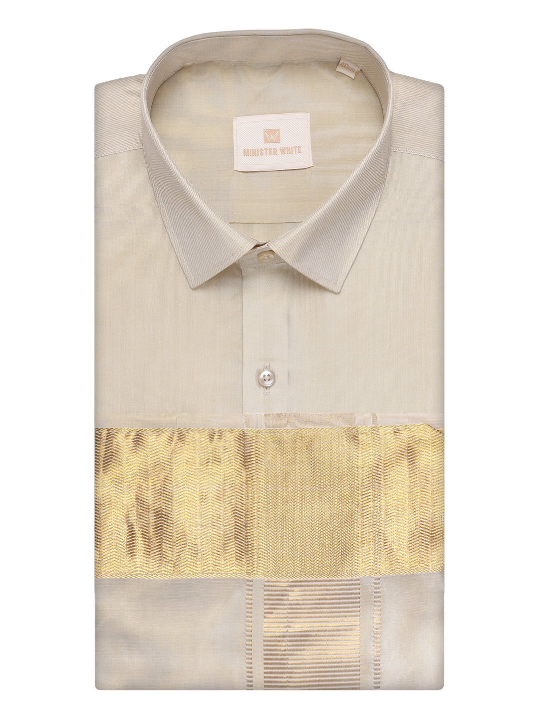 Mens Art Silk Fawn Gold Full Sleeves Shirt with 4" Jari Border Dhoti Combo Haldi by Minister White