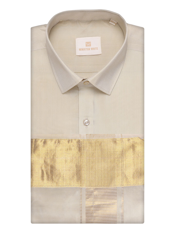 Mens Art Silk Fawn Gold Full Sleeves Shirt with 4" Jari Border Dhoti Combo Haldi by Minister White