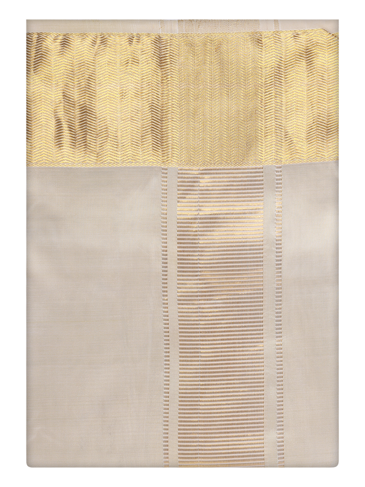 Mens Art Silk Fawn Gold Color Dhoti with 4" Gold Jari Border by Minister White