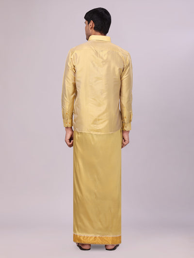 Men's Art Silk Mango Gold Full Sleeves Shirt with 2 1/2" Jari Border Dhoti Combo Neogen back pose