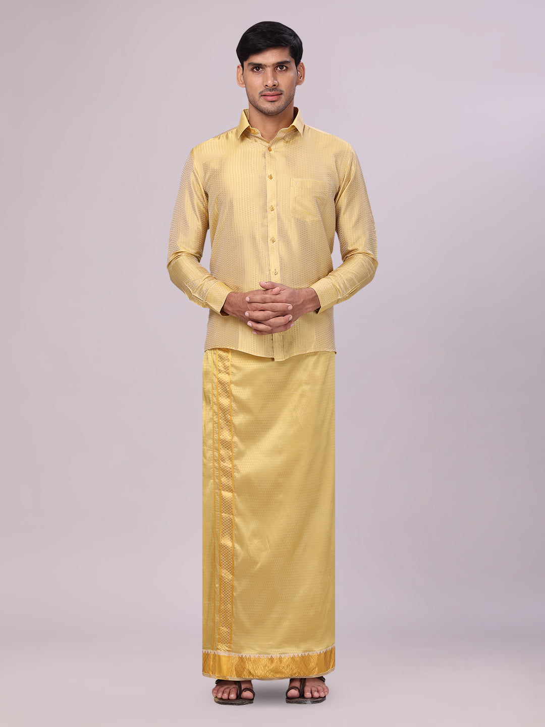 Men's Art Silk Mango Gold Full Sleeves Shirt with 2 1/2" Jari Border Dhoti Combo Neogen