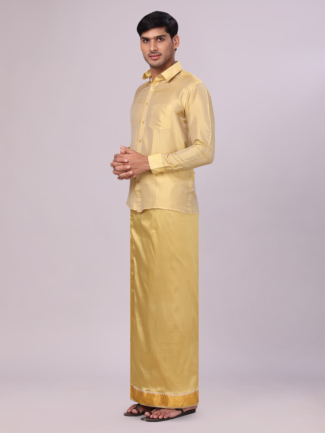 Men's Art Silk Mango Gold Full Sleeves Shirt with 2 1/2" Jari Border Dhoti Combo Neogen side pose