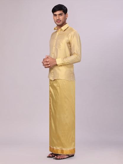 Men's Art Silk Mango Jacquard Gold Full Sleeves Shirt with 2 1/2"  Jari Border & Towel Dhoti Combo Nautica