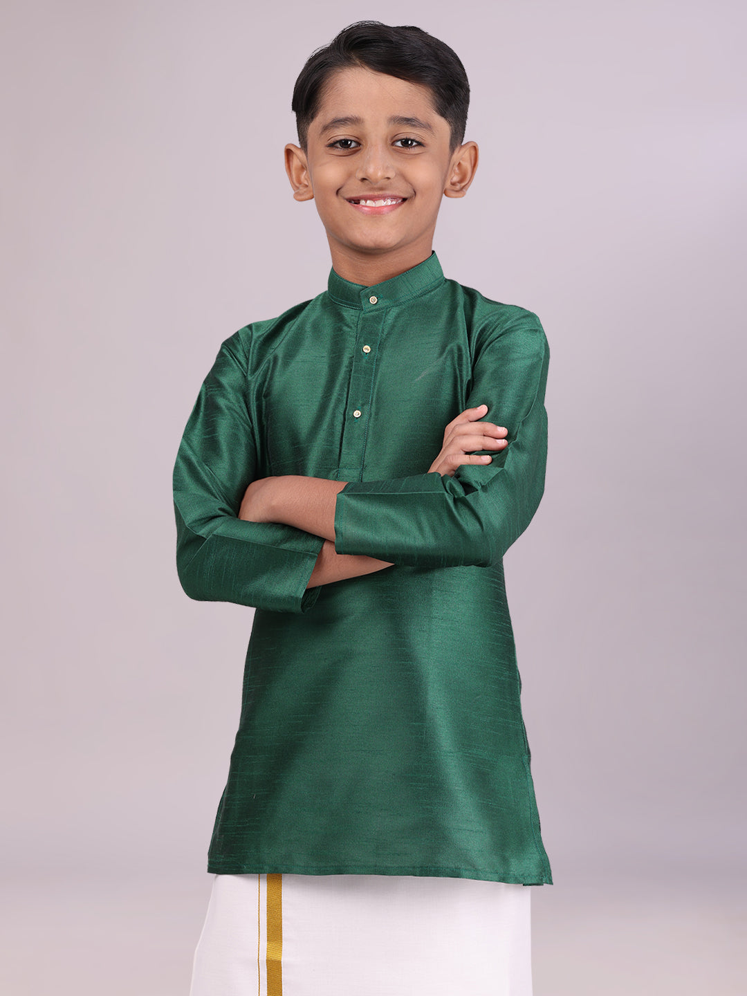 Boys Dupion Satin Green Colour Full Sleeves Kurta side pose