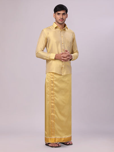 Men's Art Silk Mango Gold Full Sleeves Shirt with 2 1/2" Jari Border Dhoti Combo Neogen side pose