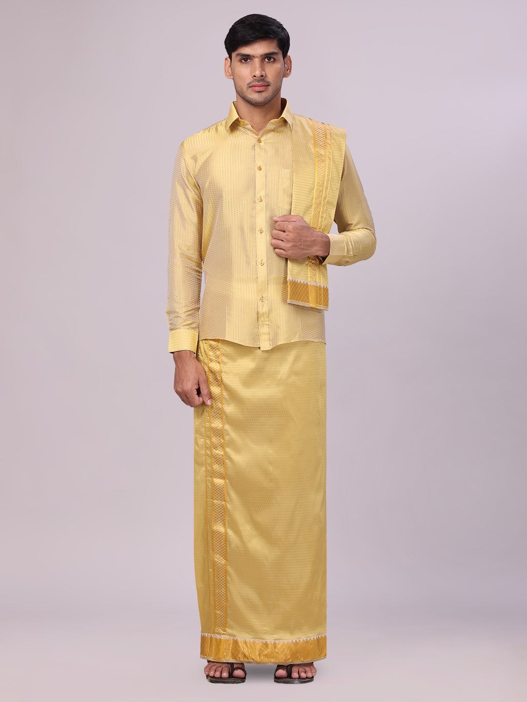 Men's Art Silk Mango Jacquard Gold Full Sleeves Shirt with 2 1/2"  Jari Border & Towel Dhoti Combo Nautica