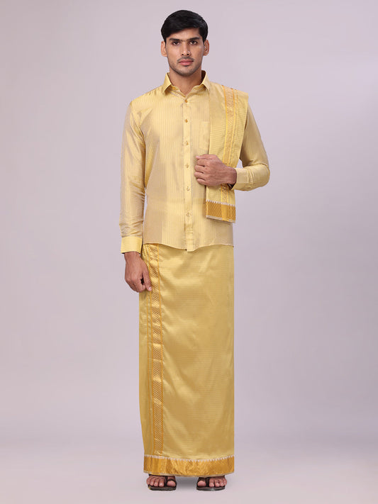 Men's Art Silk Mango Jacquard Gold Full Sleeves Shirt with 2 1/2"  Jari Border & Towel Dhoti Combo Nautica