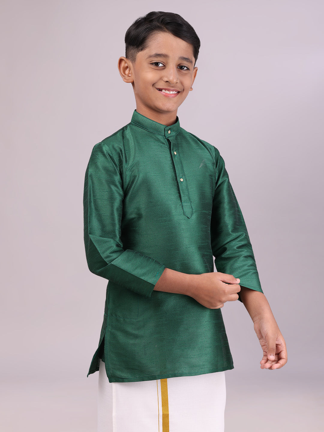 Boys Dupion Satin Green Colour Full Sleeves Kurta side pose