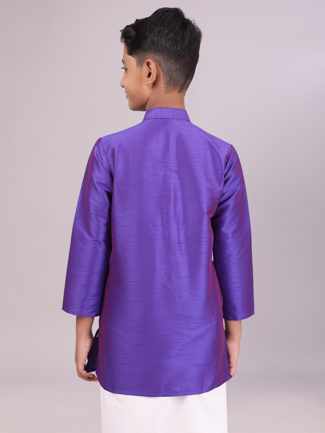 Boys Dupion Satin Dark Blue Color Full Sleeves Kurta back pose