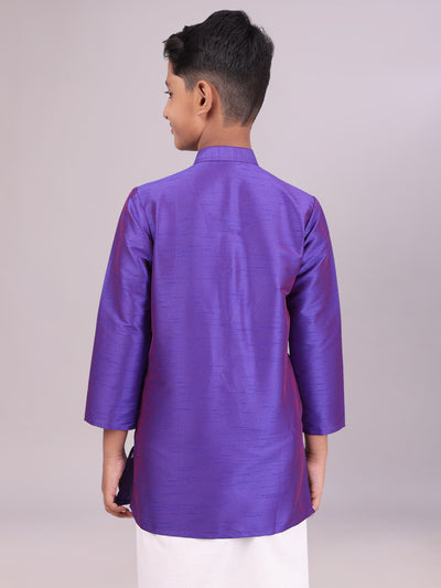 Boys Dupion Satin Dark Blue Color Full Sleeves Kurta back pose