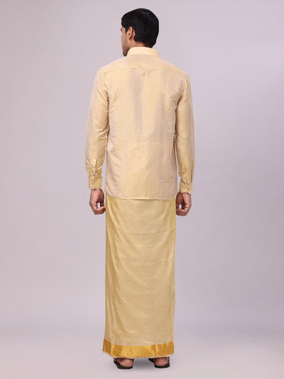 Men's Art Silk Mango Gold Jacquard Full Sleeves Shirt with 2 1/2" Gold Jari Border Dhoti Combo Spruce