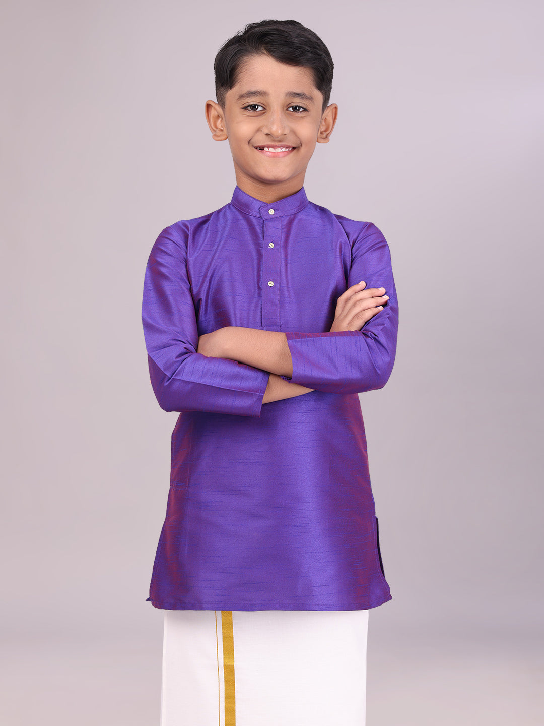 Boys Dupion Satin Dark Blue Colour Full Sleeves Kurta