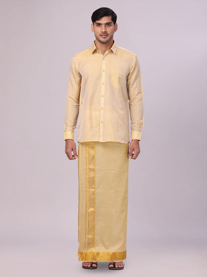 Men's Art Silk Jacquard Mango Full Sleeves Shirt with 2 1/2" Gold Jari Border & Towel Dhoti Combo Spruce