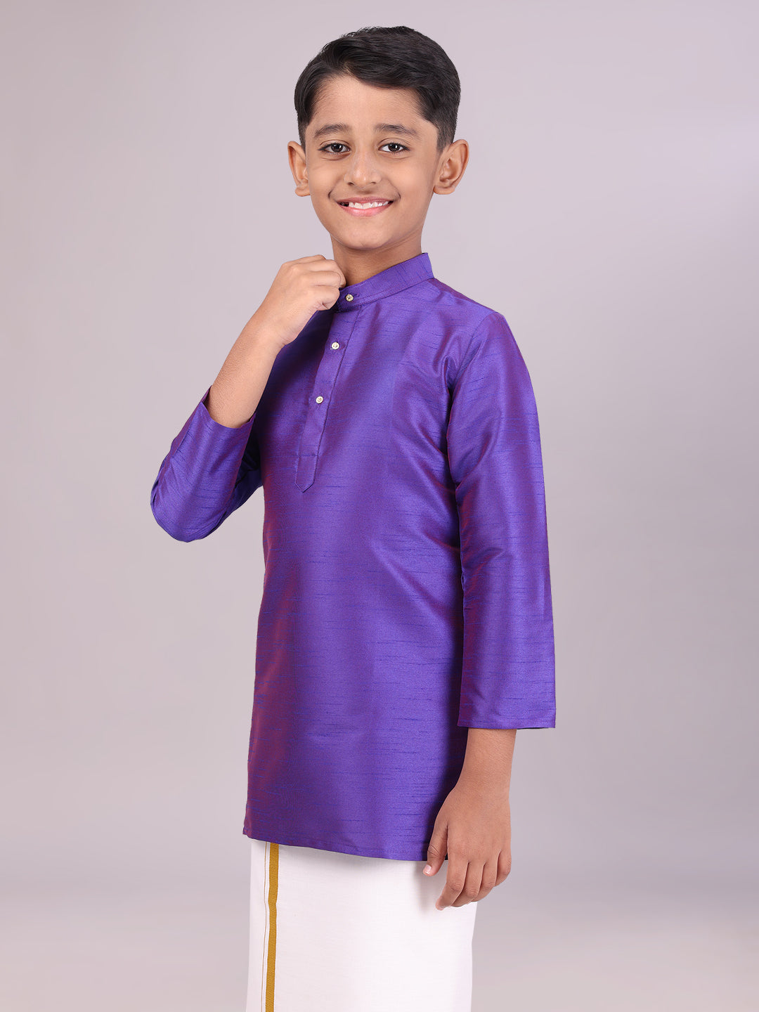 Boys Dupion Satin Dark Blue Color Full Sleeves Kurta side pose