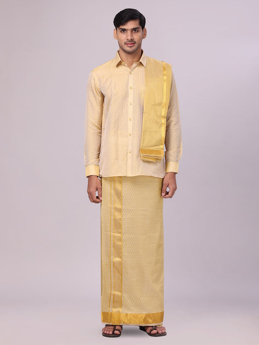 Men's Art Silk Jacquard Mango Full Sleeves Shirt with 2 1/2" Gold Jari Border & Towel Dhoti Combo Spruce