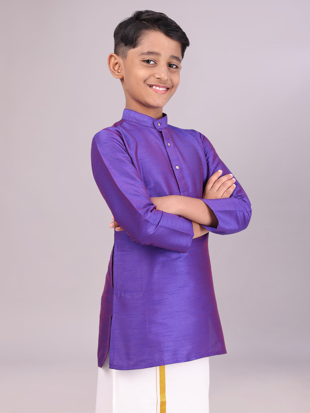 Boys Dupion Satin Dark Blue Color Full Sleeves Kurta side pose