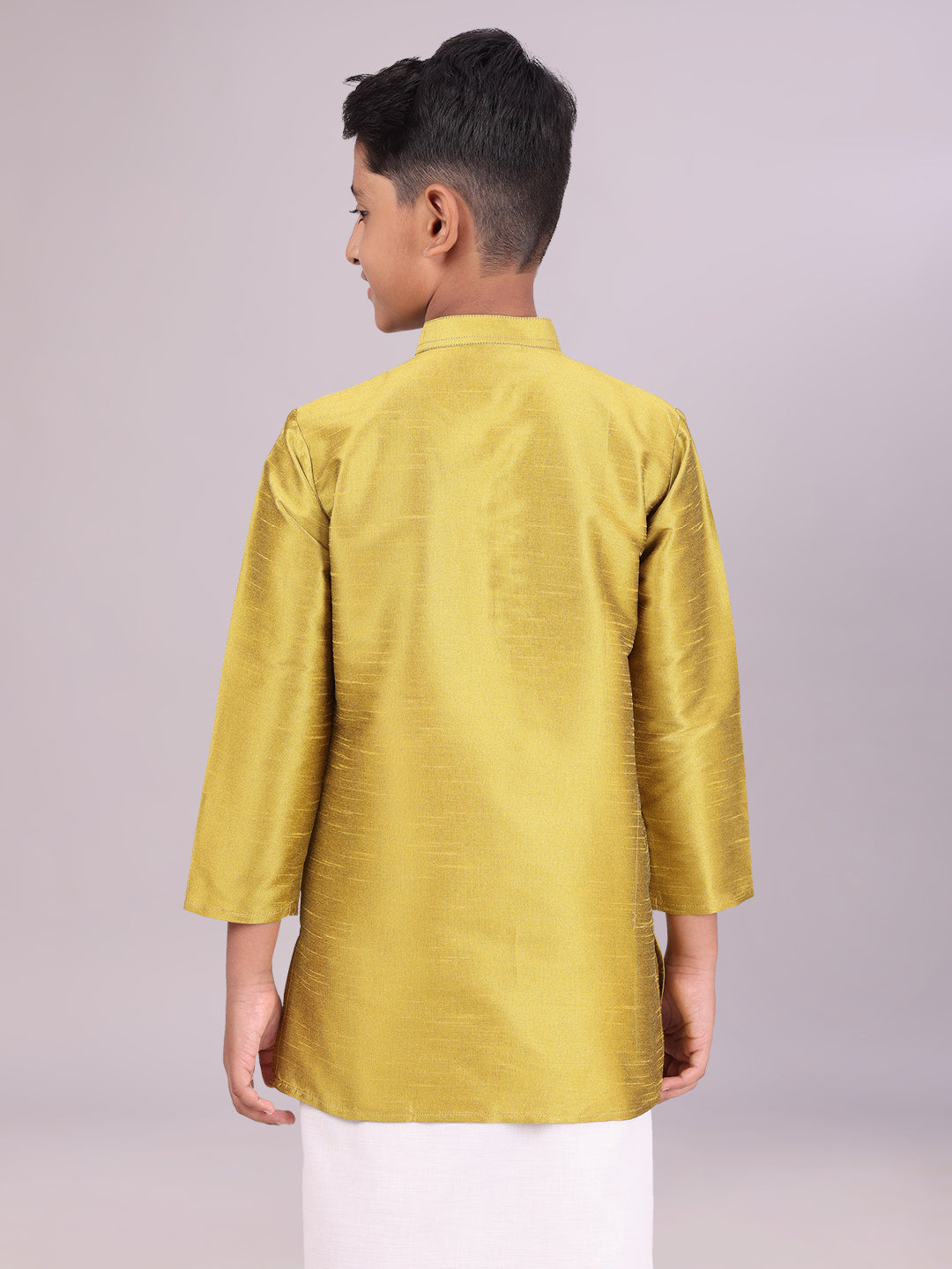 Boys Dupion Satin Light Green Colour Full Sleeves Kurta back pose