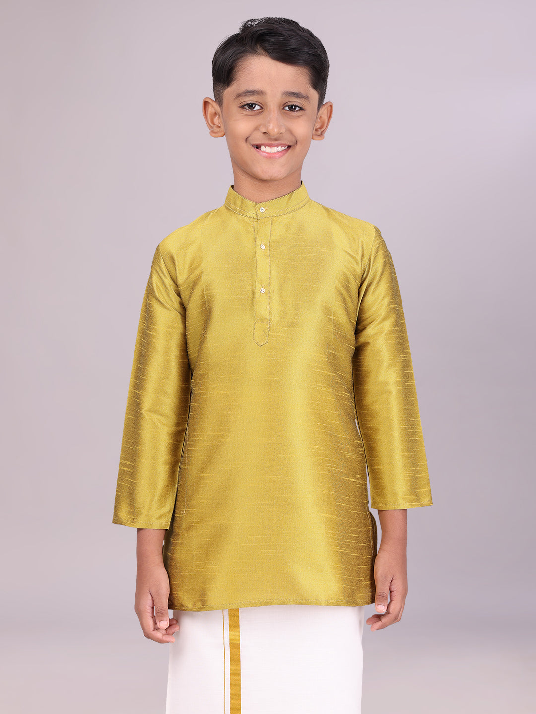 Boys Dupion Satin Light Green Colour Full Sleeves Kurta 