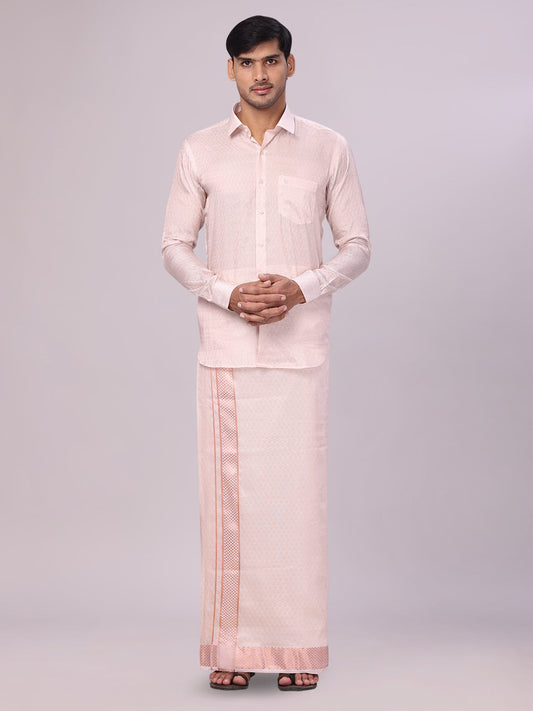 Men's Art Silk Light Copper Jacquard Full Sleeves Shirt with 2 1/2" Copper Jari Border Dhoti Combo Spruce