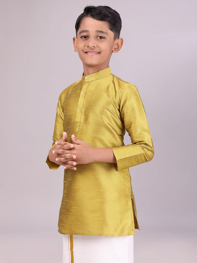 Boys Dupion Satin Light Green Colour Full Sleeves Kurta side pose