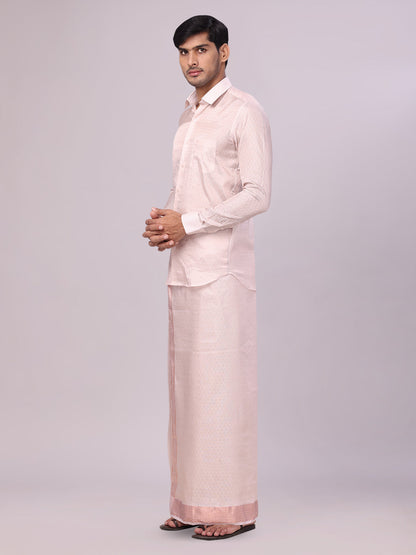 Men's Art Silk Light Copper Jacquard Full Sleeves Shirt with 2 1/2"  Jari Border & Towel Dhoti Combo Spruce