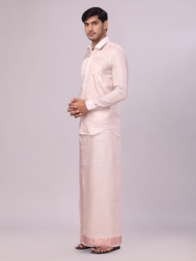Men's Art Silk Light Copper Jacquard Full Sleeves Shirt with 2 1/2" Copper Jari Border Dhoti Combo Spruce