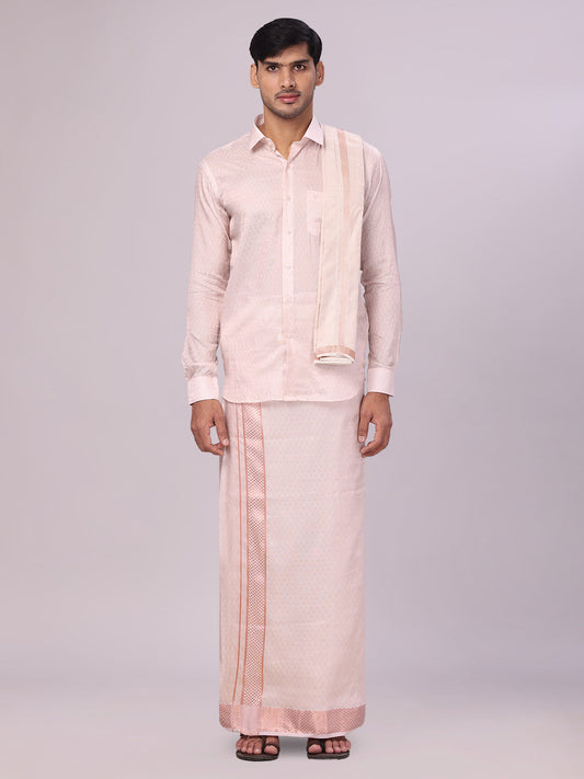 Men's Art Silk Light Copper Jacquard Full Sleeves Shirt with 2 1/2"  Jari Border & Towel Dhoti Combo Spruce