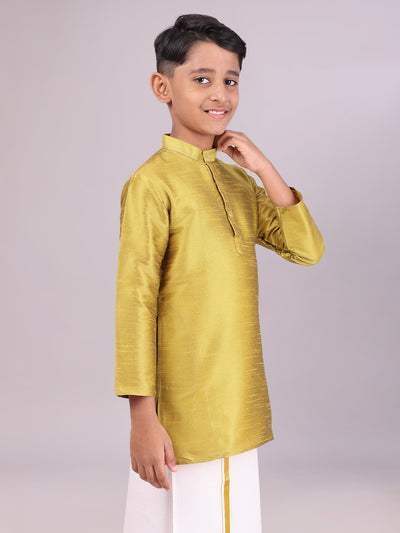 Boys Dupion Satin Light Green Colour Full Sleeves Kurta side pose