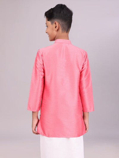 Boys Dupion Satin Pink Colour Full Sleeves Kurta back pose