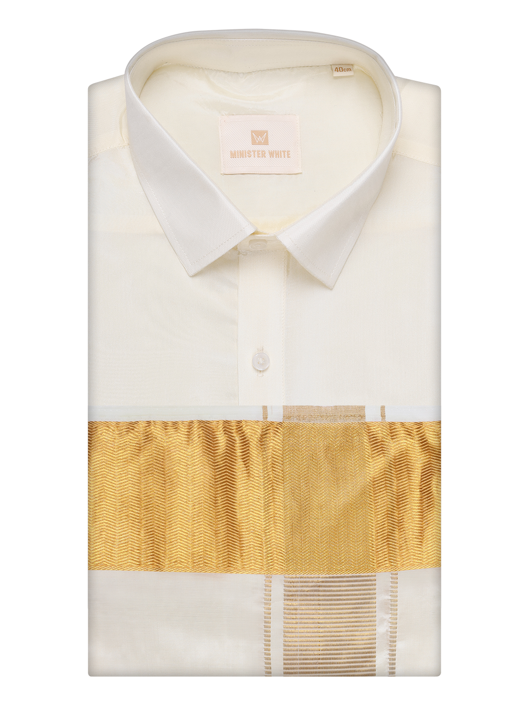 Mens Art Silk Cream Full Sleeves Shirt with 4" Gold Jari Border Dhoti Combo Haldi