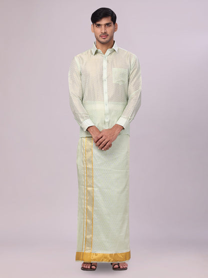 Men's Art Silk Jacquard Pista Full Sleeves Shirt with 2 1/2" Gold Jari Border & Towel Dhoti Combo Spruce