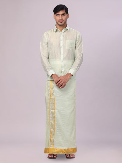 Men's Art Silk Jacquard Pista Full Sleeves Shirt with 2 1/2" Gold Jari Border & Towel Dhoti Combo Spruce