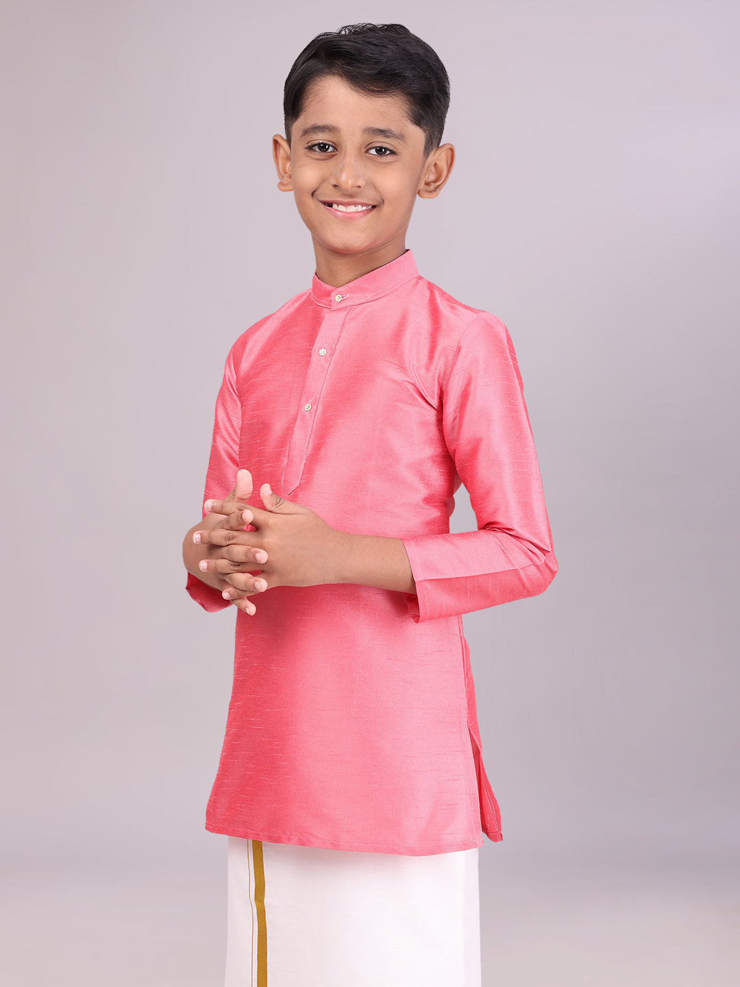 Boys Dupion Satin Pink Colour Full Sleeves Kurta side pose