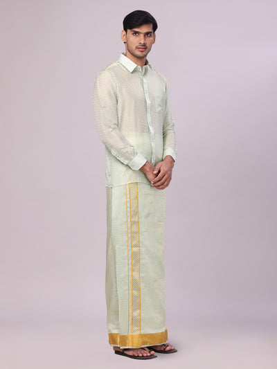Men's Art Silk Pista Jacquard Full Sleeves Shirt with 2 1/2" Gold Jari Border Dhoti Combo Spruce